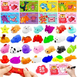 28 Packs Valentine Mochi Squishy Toys with Valentine Cards Animal Squishies for Kids Valentines Day Gift Exchange Classroom Prizes Valentine Party Favors Supplies