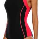 beautyin One Piece Sport Lap Swimsuit for Women Workout Trainning Surf Swimwear Black and Red (Medium)