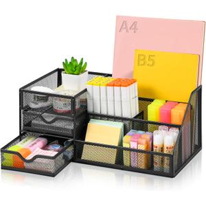 Lavatino Larger Mesh Desk Organizer with Drawers, Multifunctional Desk Organizers and Accessories with 6 compartments + 2 Drawer, Office Desktop Organization for supplies (Black)