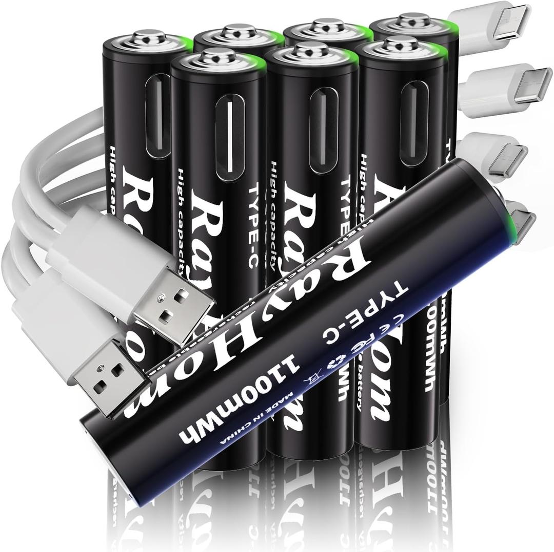 USB Rechargeable Lithium Batteries AAA - 8-Pack Triple A Batteries, Rechargeable AAA Li-ion Battery with 2 USB-C 2-in-1 Charging Cable, 1.5V 1100mWh, Charges 1.5 Hours, Over 1000+ Cycles