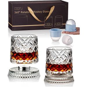 CEEFU 360 Spinning Whiskey Glasses Set with Gift Box, Set of 2 | Old Fashioned with Rotating Base - 2 Big Ice Ball Molds - Bourbon, Cocktail, Rocks, Bday Gifts Ideas for Men, Ice Crackle, 9.5 oz-Ice Crackle Pattern