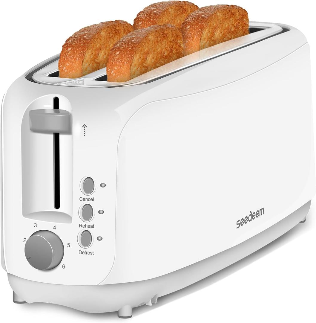 SEEDEEM 4 Slice Toaster, Extra Wide Slots Bread Toaster with 6 Shade Settings, Bagel/Cancel/Defrost/Reheat Functions, Removable Crumb Tray, Auto Shut-Off, White