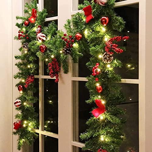 MorTime 9 FT LED Christmas Garland with Pinecones Red Berries Bows Christmas Balls Candies, Multi-Function Christmas Garland with 50 Warm White LED Lights, 180 Branch Tips