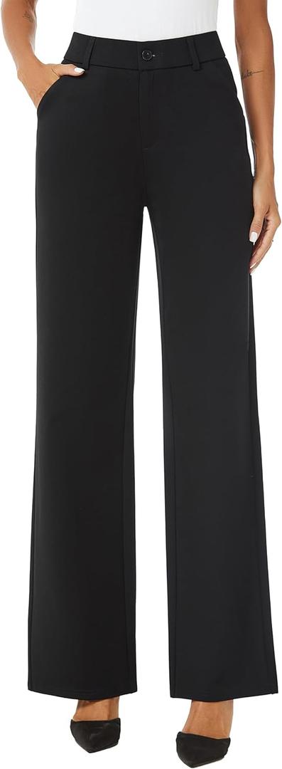 Womens High Waist Wide Straight Leg Trousers Casual Slacks Dress Pants with Pockets (4 Short, Black)