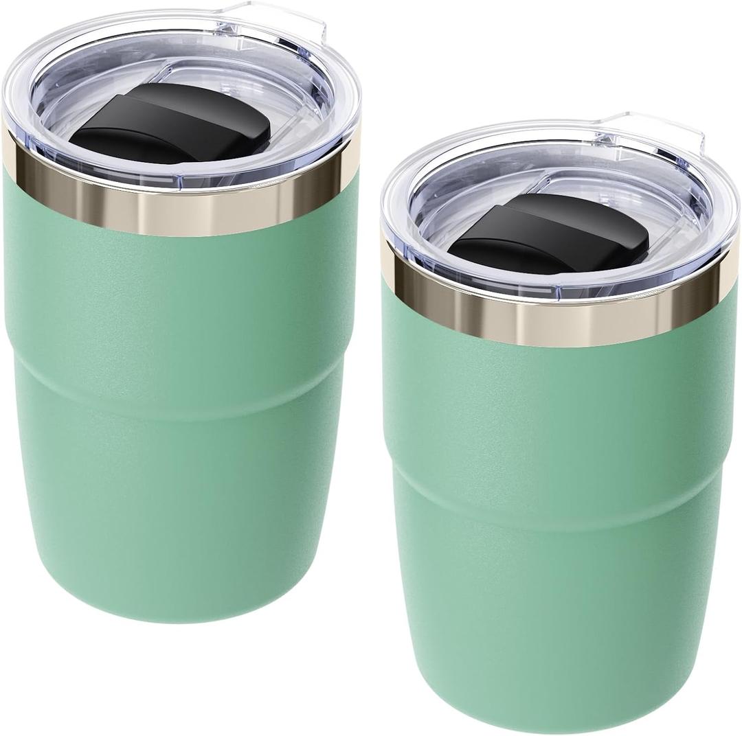 8 oz Small Coffee Cup with Magnetic Lid, Ceramic-Lined 18/8 Stainless Steel, Double-Wall Vacuum Insulated, Stackable, Dishwasher Safe, Mini Tumbler for On-the-Go, 2 Pack, Seafoam
