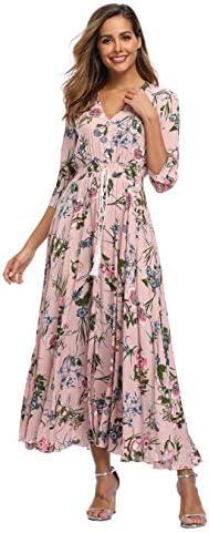 VintageClothing Women's Floral Maxi Dresses with Sleeves Flowy Boho Beach Dress S