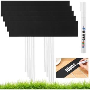 10 Set Jumbo Outdoor Plant Label Stakes Waterproof Nursery Garden Markers Plastic T Type Plant Tag Identification Stake with Marker Pen for Herb Vegetable Flowers, 12" High (Black)