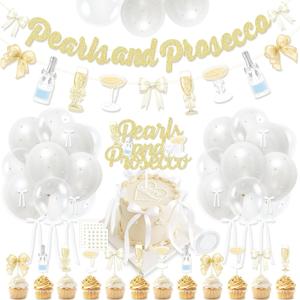 Pearls and Prosecco Bridal Shower Decorations, Bow Champagne Pearls & Prosecco Banner, Cake Toppers, Pearl White Balloons Pearl Stickers for Bows Pearls Wedding Bachelorette Bride to Be Party Supplies