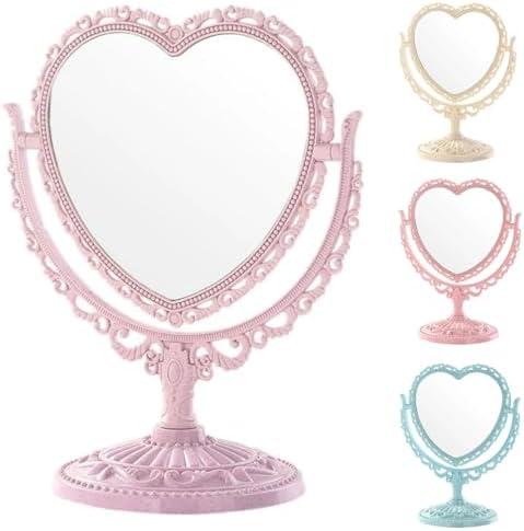 DEAYOU 1 Pack Heart Shaped Cosmetic Mirror, Vintage Vanity Tabletop Mirror with Double Sided, Rotatable Dresser Mirrors with Stand for Makeup, Girl, Women, Beauty, Spa Party, Random Color