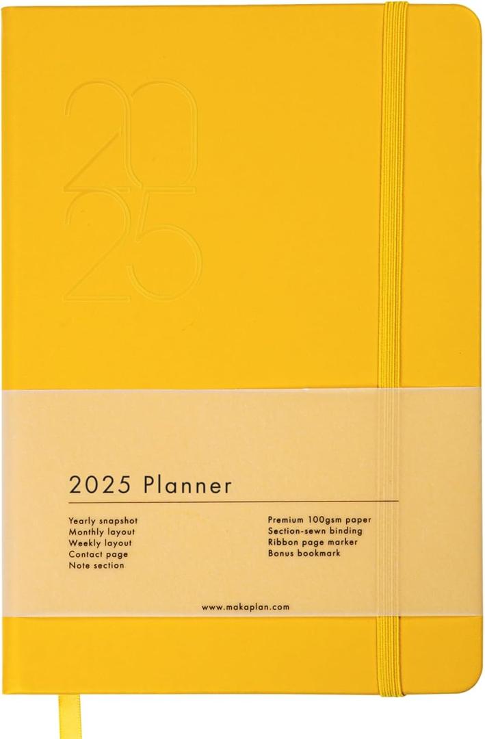 2025 Planner (Mustard) Soft-touch PU Leather Yearly Agenda, Ribbon Page Marker, 8.1 x 5.9 Inches Dated Planner, Smudge-Free Paper, Monthly, Weekly & Daily Layout with Bookmark & Elastic Closure