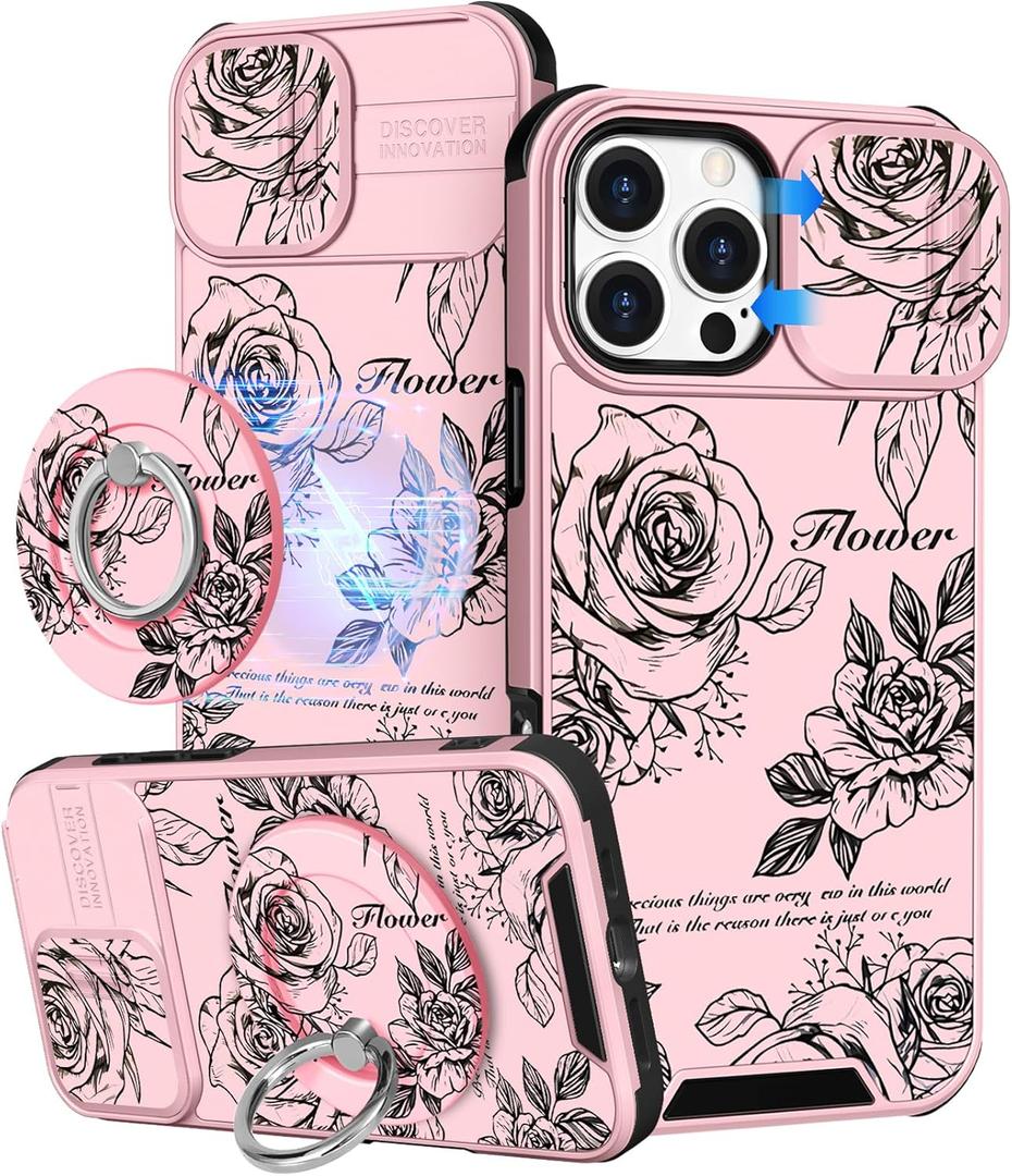Buleens for iPhone 16 Pro Case 6.3 Inch - with Ring Stand & Camera Cover Aesthetic Cute Designed for Women Girls Girly Pretty Kawaii Roses Flowers Phone Case for iPhone 16 Pro Compatible with Magsafe
