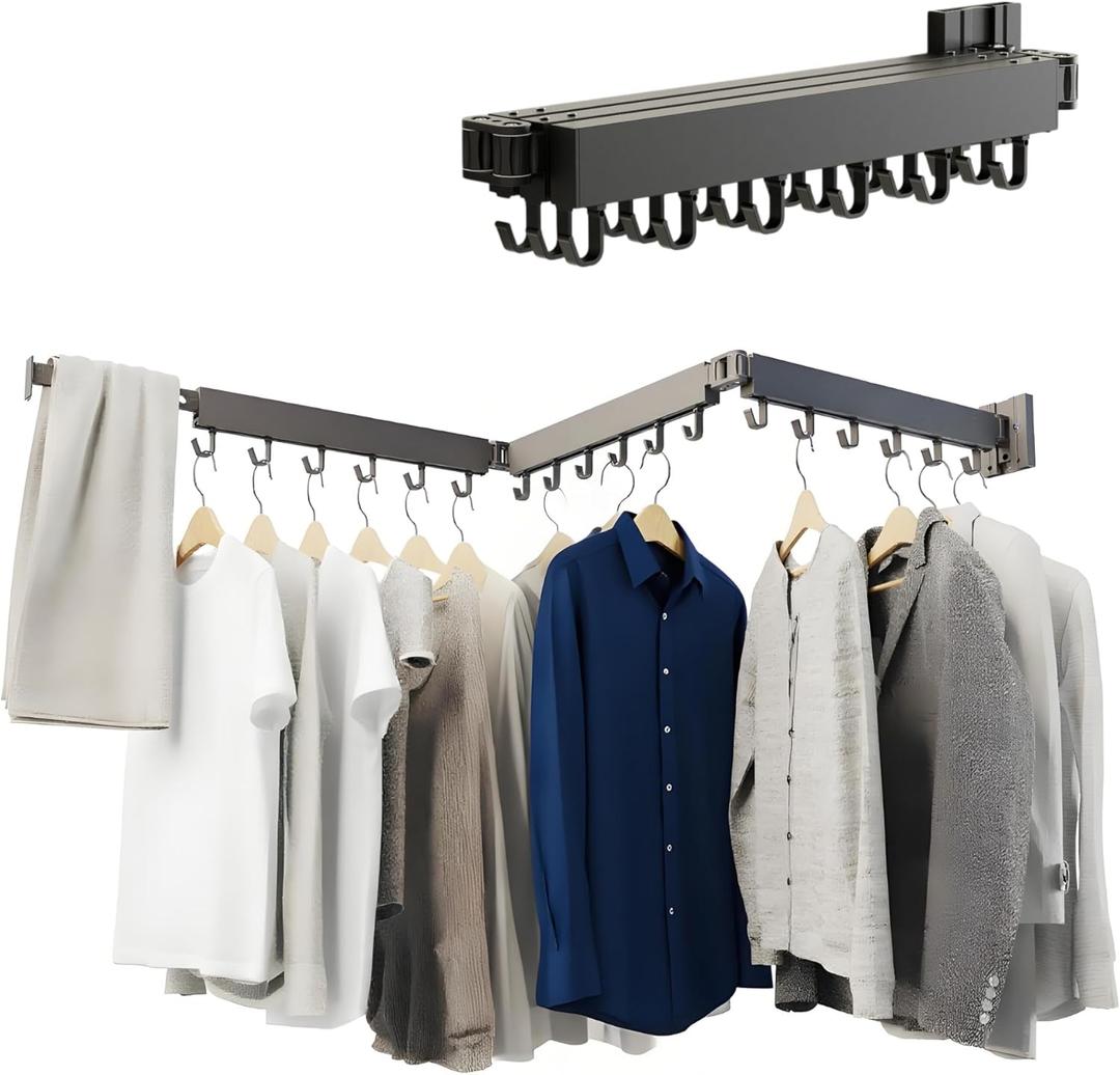 SVELTHOME Clothes Drying Rack Wall Mounted, Foldable Laundry Drying Rack,Retractable Tri-Fold Space Saver for Laundry Room Bathroom (Black)