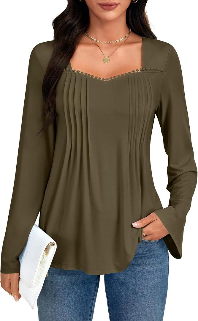 Umenlele Women's Pleated Front Sweetheart Neck Long Sleeve Casual Loose Tunic Tops Blouse Pink Large (L)