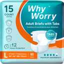 WhyWorry Adult Diapers with Tabs, Disposable Incontinence Briefs for Women & Men with Maximum Absorbency, Adult Briefs for Incontinence Overnight, Odor Control, Unisex, Large, 15 Count
