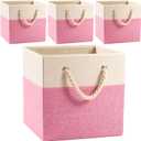 PRANDOM Large Foldable Cube Storage Bins 13x13 inch [4-Pack] Fabric Linen Storage Baskets Cubes Drawer with Cotton Handles Organizer for Shelves Nursery Closet Bedroom Pink