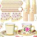 Umigy 36 Sets Tea Party Decorations 6.5 oz Floral Paper Tea Cups with Plates Paper Napkins Disposable Blossom Teacups and Saucers Sets for Girls Birthday Party Supplies(Yellow)