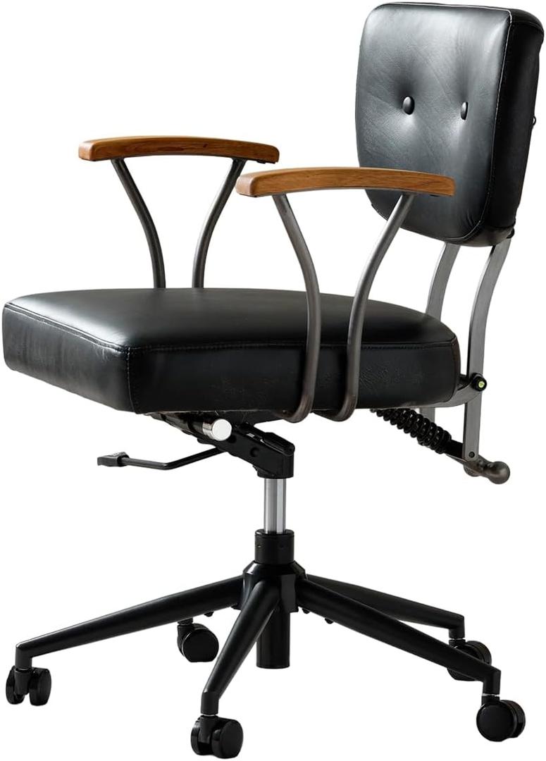 Genuine Leather Home Office Chair, Mid-Century Retro Executive Desk Chair with Armrests, 360° Swivel Ergonomic Task Chair,Adjustable Height