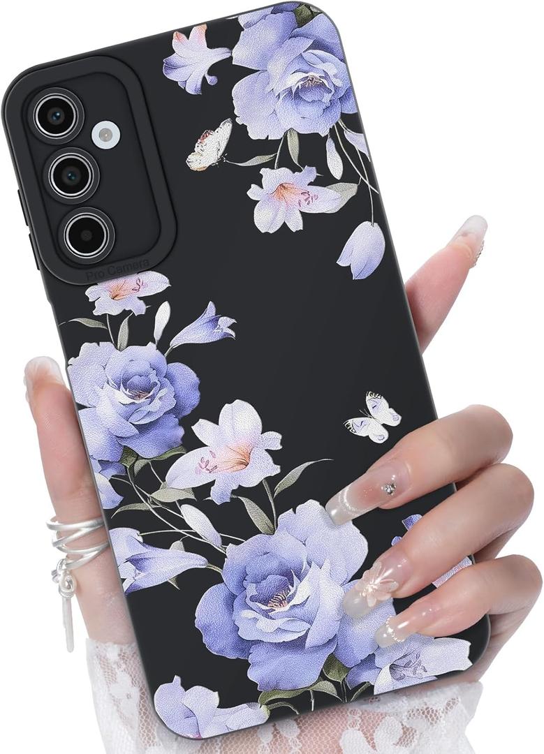2 x for Samsung Galaxy A13 5G/A04S Phone Case, Fashion Flower Pattern Design Girls Women Liquid Silicone Cover, Slim Shockproof and Scratch-Resistant Soft Case for Samsung A13 - Black
