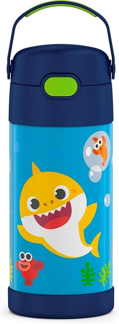THERMOS FUNTAINER Water Bottle with Straw - 12 Ounce - Kids Stainless Steel Vacuum Insulated Water Bottle with Lid, Baby Shark