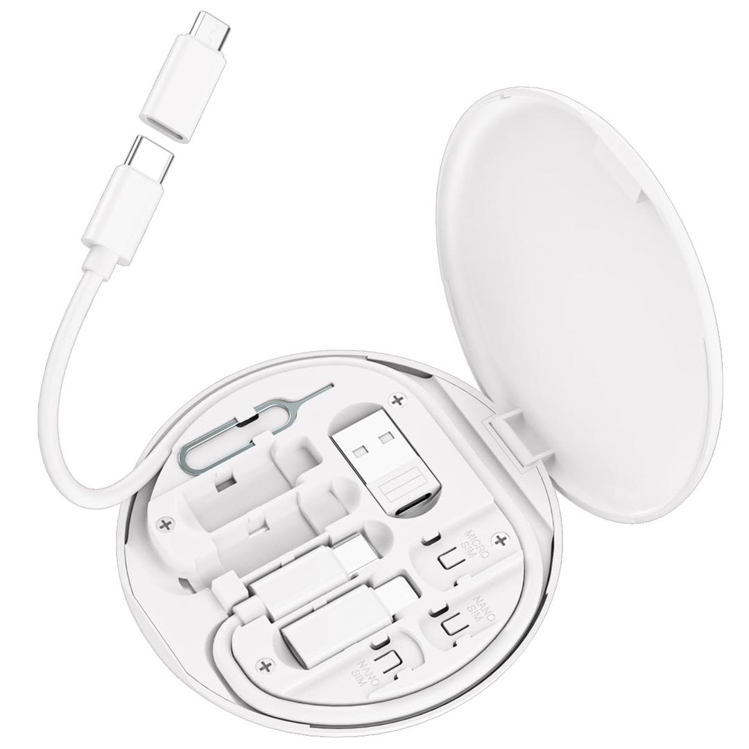 Multi USB Charging Adapter Cable Kit, C to iOS Device Cable Box, Conversion Set USB A & Type C to Male Micro/Type C/iOS Device, Data Transfer, Card Storage, Tray Eject Pin, Phone Holder (White)