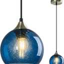 Blue Glass Pendant Lights Kitchen Island Lighting Globe Pendant Light Fixtures Modern Pendant Lighting for Kitchen Island Bedroom Living Dining Room Light Fixture(5.9in, 1-Pack)