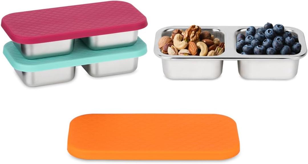 SUMERX 3 Pack Stainless Steel Snack Containers with Lids, 2 Compartment Snack Pack Containers, Reusable Food Storage Containers for Travel, Outdoor, Camping(Orange/Red/Blue)