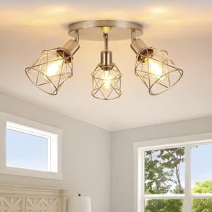 WILON Semi Flush Mount Ceiling Light 3-Light Brushed Nickel Close to Ceiling Light Fixtures, Kitchen Light Fixtures Ceiling Mount E26 Base Multi-Directional Ceiling Lamp Modern Hallway Light Fixtures, 3-Light-Cage