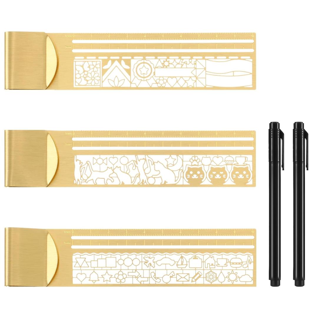 3 Pcs Brass Ruler Clip Set with 2 Fine Point Pens, 5.5" x 1.3" Small Brass Template Ruler Clip with 3 Pattern Journal Stencil for Journaling, Planners, Decorative Travelers Notebook