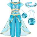 Arabian Princess Costume for Toddler Girls - with Sequin Small bag, Headband (4-5 Years, Blue 51)