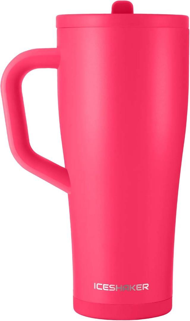 Ice Shaker 32 oz Tumbler with Handle and Straw | 32oz Neon Pink | Cold for 30+ Hours | 2-in-1 Tumbler Shaker Bottle | Odor-Free 32 ounce Bottle for Water, Protein Shakes, Smoothies, Cocktails