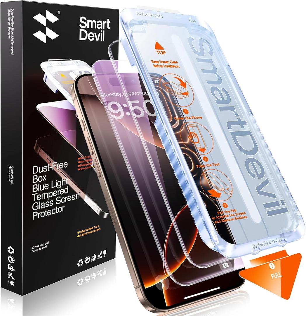 SMARTDEVIL 2 Pack for iPhone 16 Pro Max Screen Protector, Anti-Blue Light, Eye Protection & Reduce Eye Strain, 9H Tempered Glass with Auto Dust-Elimination, Bubble Free, Easy Installatio, Bubble-Free