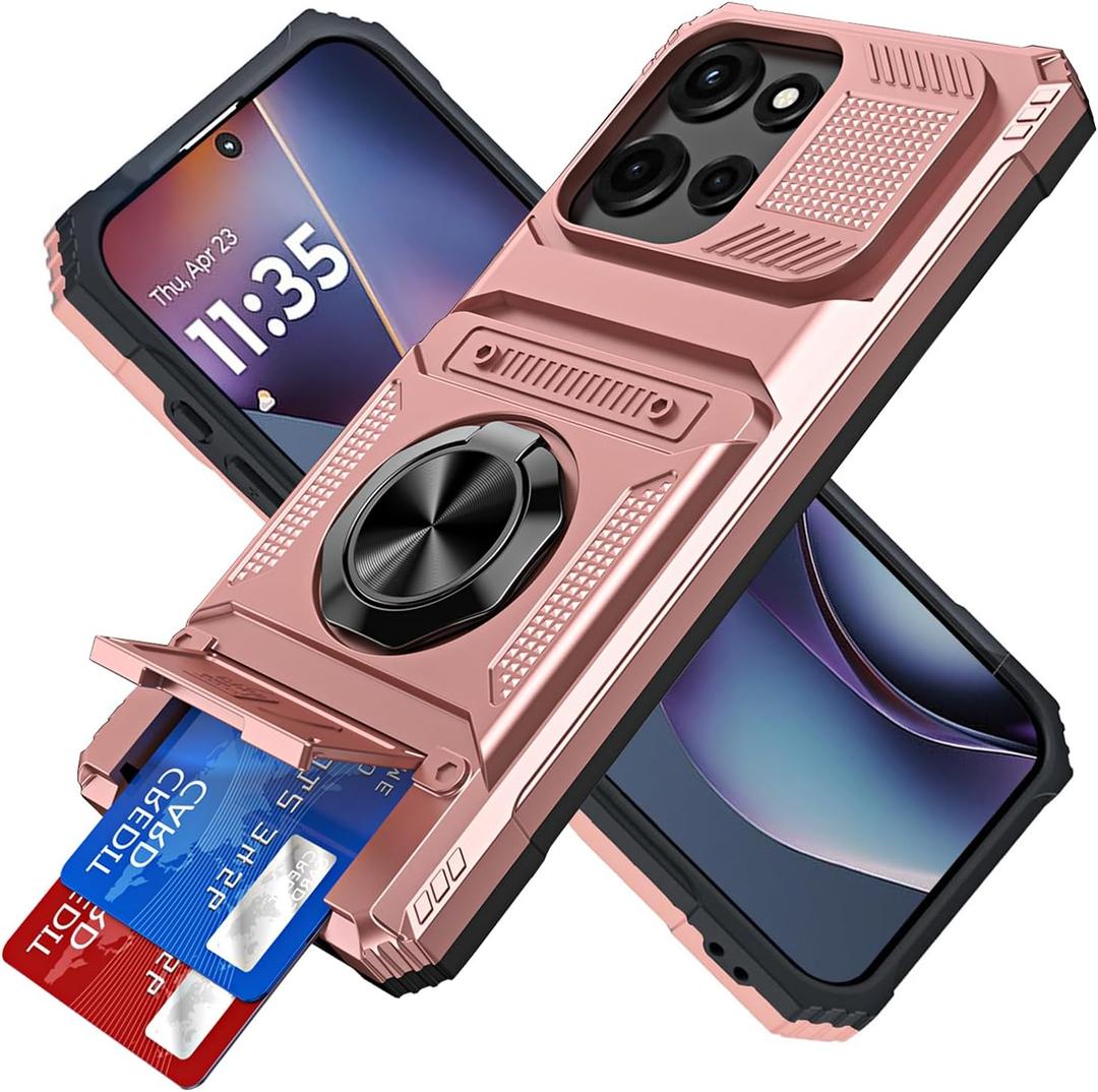 Case for Motorola Moto G 2025 Wallet Case with Credit Card Holder, Rotated Ring Kickstand Heavy Duty Rugged Military Grade Shockproof Protective Cover for Motorola Moto G 2025 Rose Gold