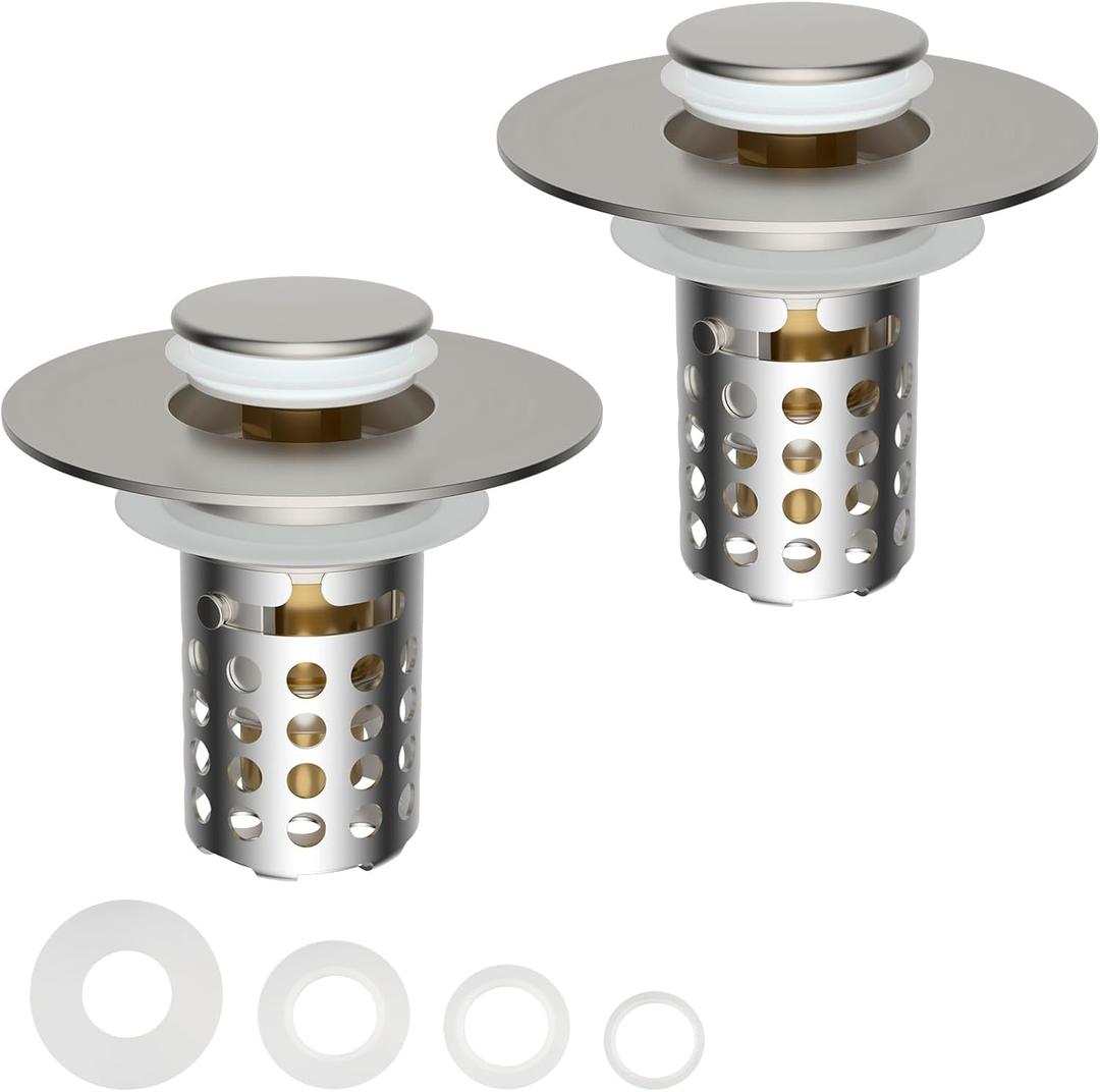 Universal Bathroom Sink Drain Strainer Hair Catcher 2PCS Upgraded with Removable Stainless Steel Filter Basket, 3 in 1 Pop Up Sink Stopper for 1.1''~2.36'' Sink Basin Hole, Brushed Nickel