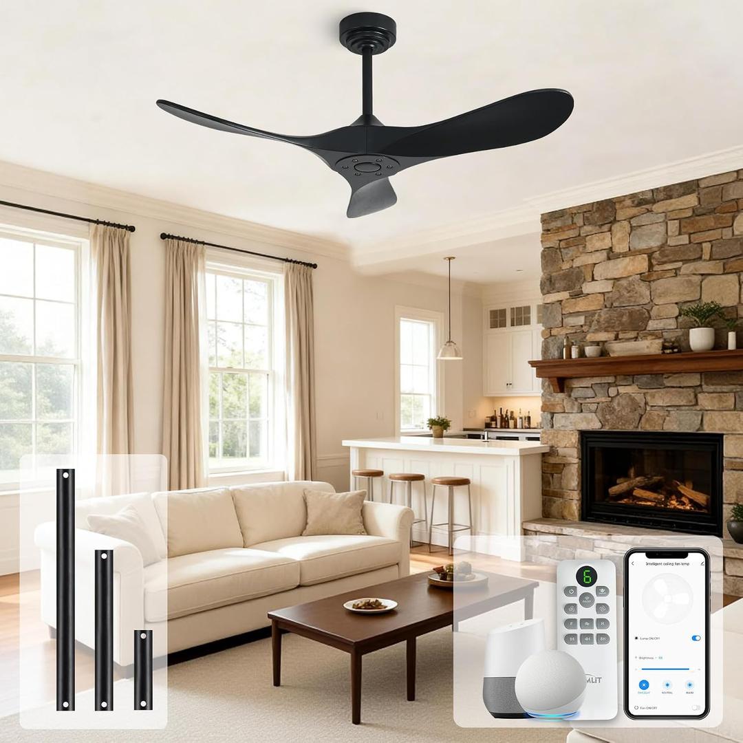 Outdoor Ceiling Fan Without Light, 42Inch Smart Ceiling Fan with Remote & Voice Control for Alexa/Google, 3-Blade Solid Wood Fan, Quiet DC Motor, 6 Speeds for Patio, Porch, Farmhouse, Black