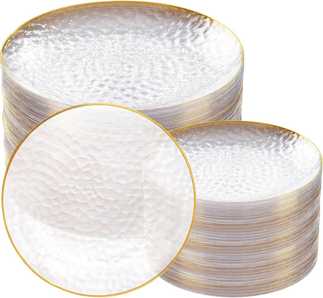 Rubtlamp 100Pcs Clear Gold Plastic Plates, Disposable Plates With Gold Rim, Heavy-duty Party Platos, Hammered Plastic Plates Include 50 Clear Dessert Platos, 50 Dinner Platos for Party