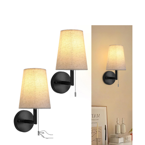 Lightess Pull Chain Light Fixture Wall, Indoor Wall Sconces Set of 2, Vintage Wall Lamps with White Fabric Shade for Bedroom Living Room Corridor
