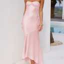 Summer Satin Tube Top Strapless Midi Dress for Women 2025 Formal Ruched Backless Wedding Guest Long Dresses (Pink, M)