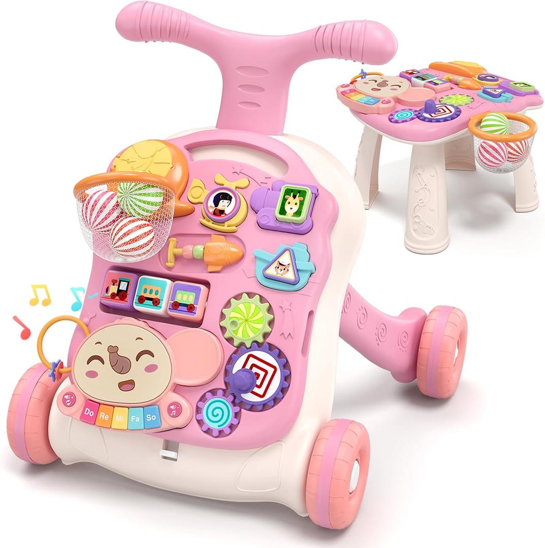 QDRAGON 3 in 1 Baby Walker and Activity Center for Girl, Learning to Walk, Sit to Stand, Early Educational Push Toys with Music Panel for Infant Toddler 12+ Months Pink
