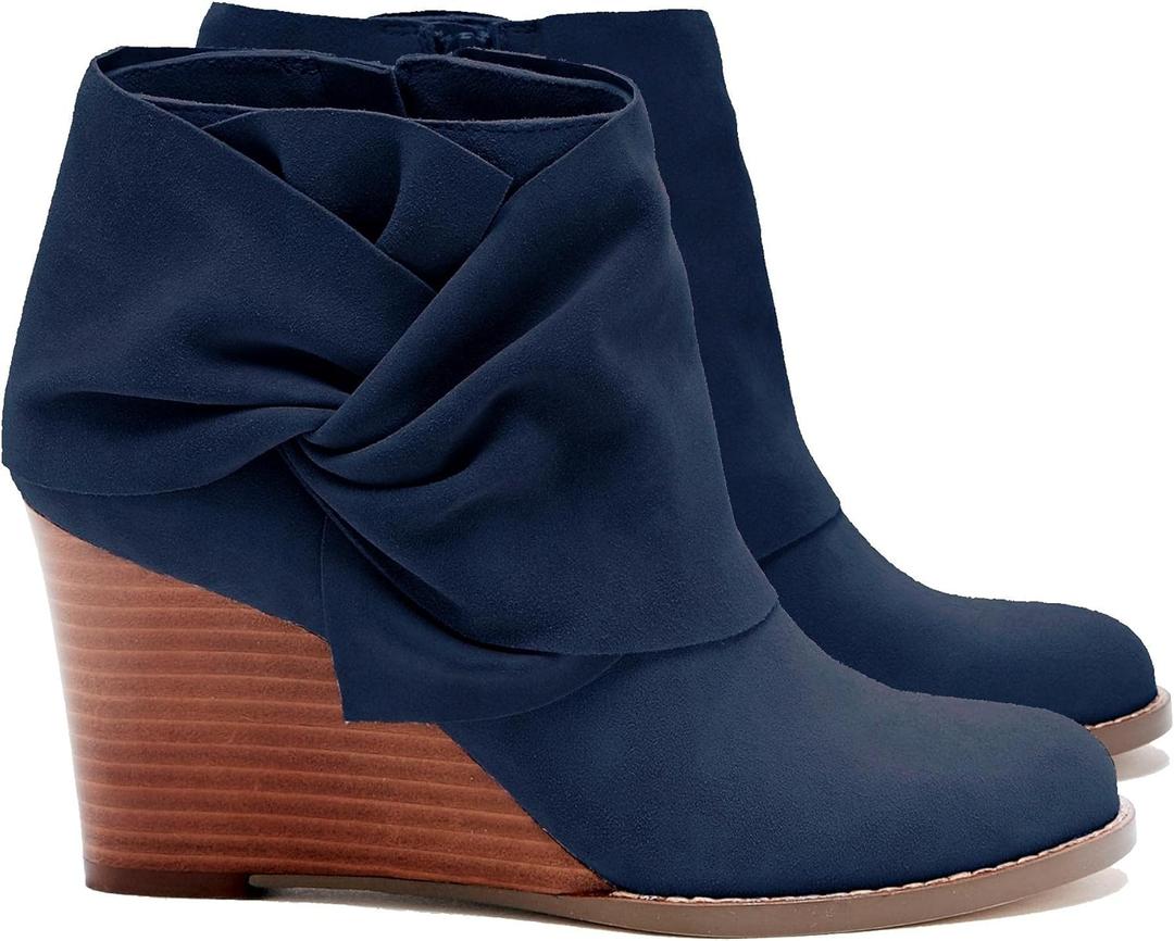 Fashare Womens Wedge Booties Ankle Heels Boots Bow Knot Stacked Heeled Winter Dress Shoes (7, Navy)