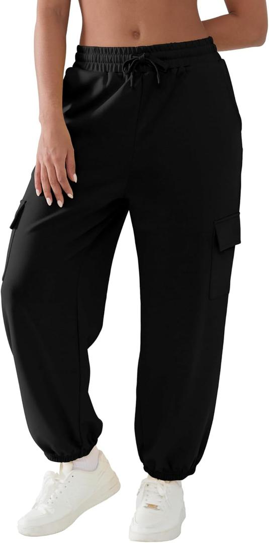 Cargo Sweatpants for Women with Pockets Casual Baggy Joggers Pants Travel Outdooors Hiking Gym Workout Pants (Small, Black)