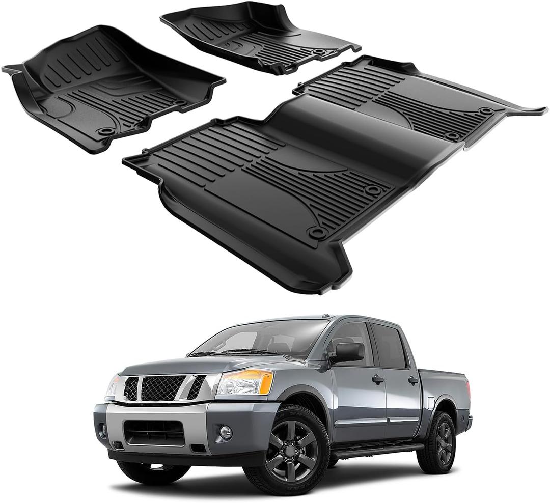 AOMSAZTO All Weather Floor Mats for Nissan Titan Crew Cab (Only) 2004-2015 | Custom Fit TPE 1st & 2nd Row Car Mats, 3-pc Black
