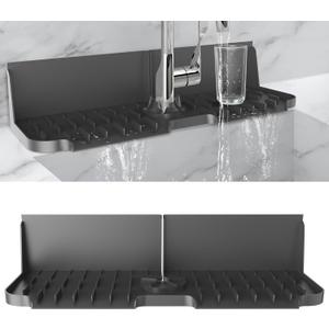 17 x 5.5 Silicone Faucet Handle Drip Catcher Tray Mat, Silicone Faucet Mat Dish Soap Sponge Holder for Kitchen Sink, Drying Mat for Kitchen Counter Bathroom Kitchen Sink Splash Guard - Black