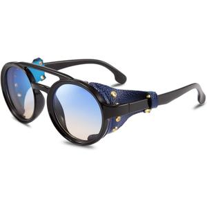 FEISEDY Retro Round Steampunk Sunglasses Women Men Vintage Eyewear Light Plastic Frame with Leatherwear B2532 (Blue)