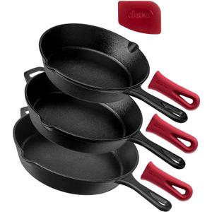 Cuisinel Cast Iron Skillet Set - 8" + 10" + 12"-Inch Pre-Seasoned Frying Pans + Silicone Handle Grip Covers - Use Indoor/Outdoor, Oven, Grill, Stove, BBQ, Fire, Induction - Kitchen/Camping Cookware