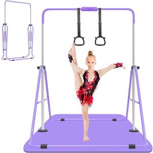 Expandable Gymnastics Bar for Kids, Adjustable Height Junior Training Kip Bar, Folding Gymnastic Horizontal Bars Monkey Bar, Home Gym Equipment for Kid Gymnasts, Child, Girl, Boy (Purple with mat)