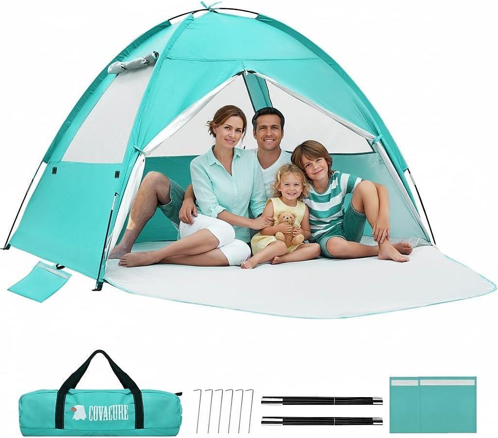 COVACURE 2026 New Upgraded Beach Tent Sun Shelter - UPF 50+ UV Protection Beach Shade for 3-4 Person, Waterproof & Lightweight, Easy Setup Portable Sun Canopy for Camping, Fishing, Beach (Green)
