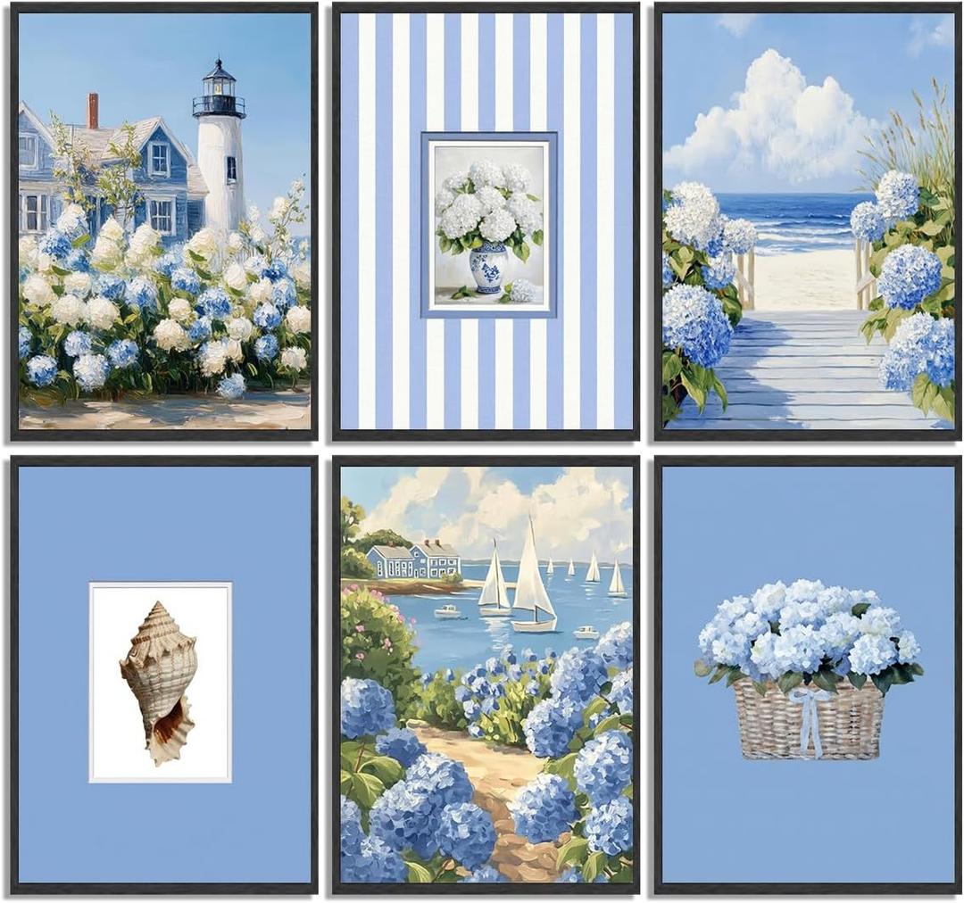 6Pcs Blue Coastal Hydrangea Canvas Wall Art Nautical Lighthouse Ocean Painting Pictures Wall Decor Floral Beach Scene Poster Print Artwork for Living Room Bedroom Home Decoration 8x10in Unframed