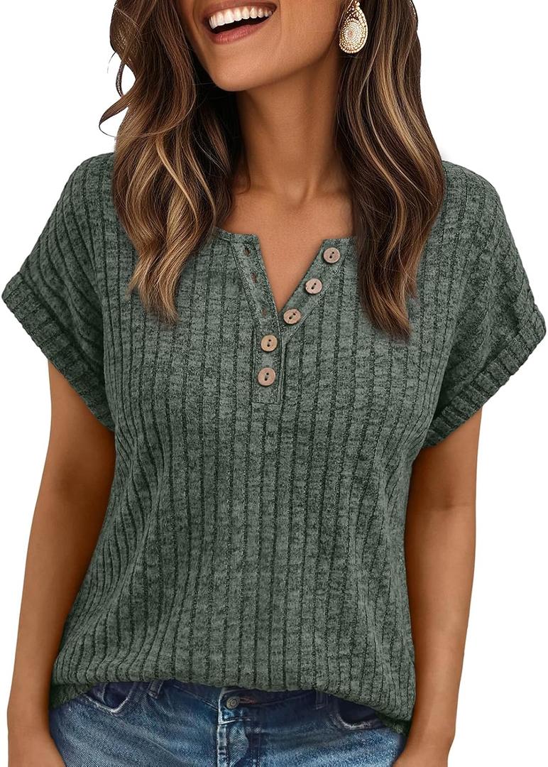 AUTOMET Women Tops Summer Sweaters Short Sleeve V Neck Henley Shirts Dressy Button Blouses (M)
