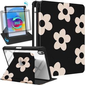 Uppuppy for iPad Mini 7/6 Case - for iPad Mini 6th/7th Generation Cases Women Cute Folio Cover with Pencil Holder Girls Girly Black Flower Pretty Rotating Stand for Apple Mini 6/A17 Pro Case 8.3 Inch