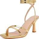 Mostrin Womens Sandals Strappy Heels for Women Ankle Strap Lace Up Square Open Toe Heels Tie Up Stiletto High Heeled Sandals for Prom, Party, Daily Wear (9, Gold-04)